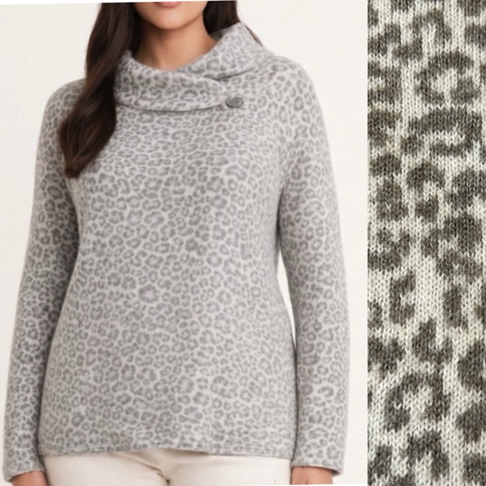 Christian Siriano Wool Gray & White Wrap Cardigan 1X Cowl Neckline Animal Print - Picture 9 of 9